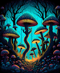Magic mushrooms, bright art, print design