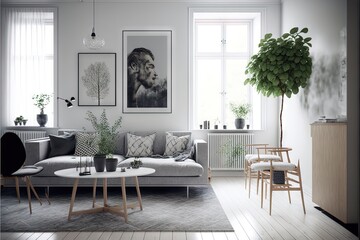  a living room with a couch, table, and two plants in it and a picture on the wall above the couch and a coffee table with a plant in front of the room with a.