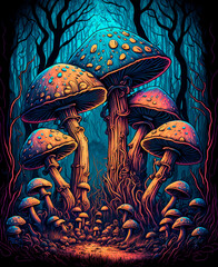 Magic mushrooms, bright art, print design