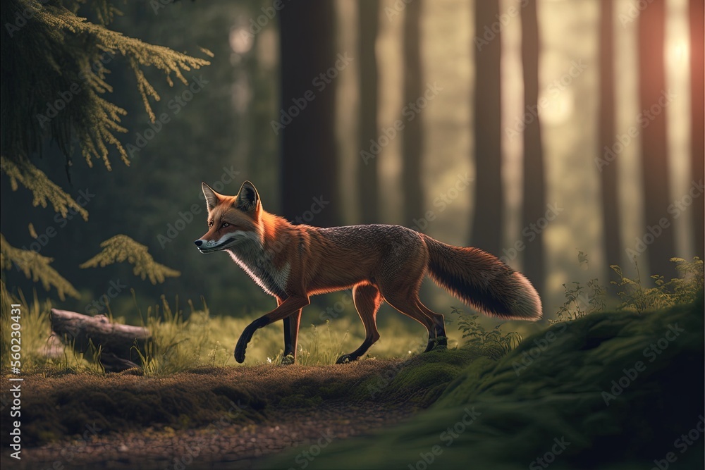 Poster a fox walking through a forest with tall trees in the background and sunlight shining through the tr
