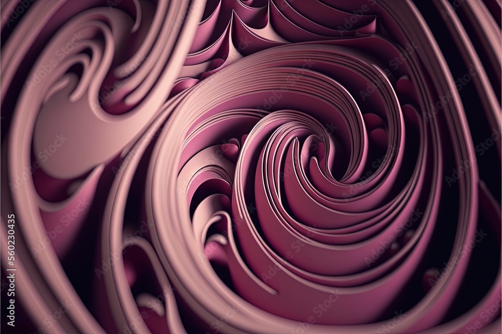 Poster a computer generated image of a spiral design in pink and purple tones, with a black background and 