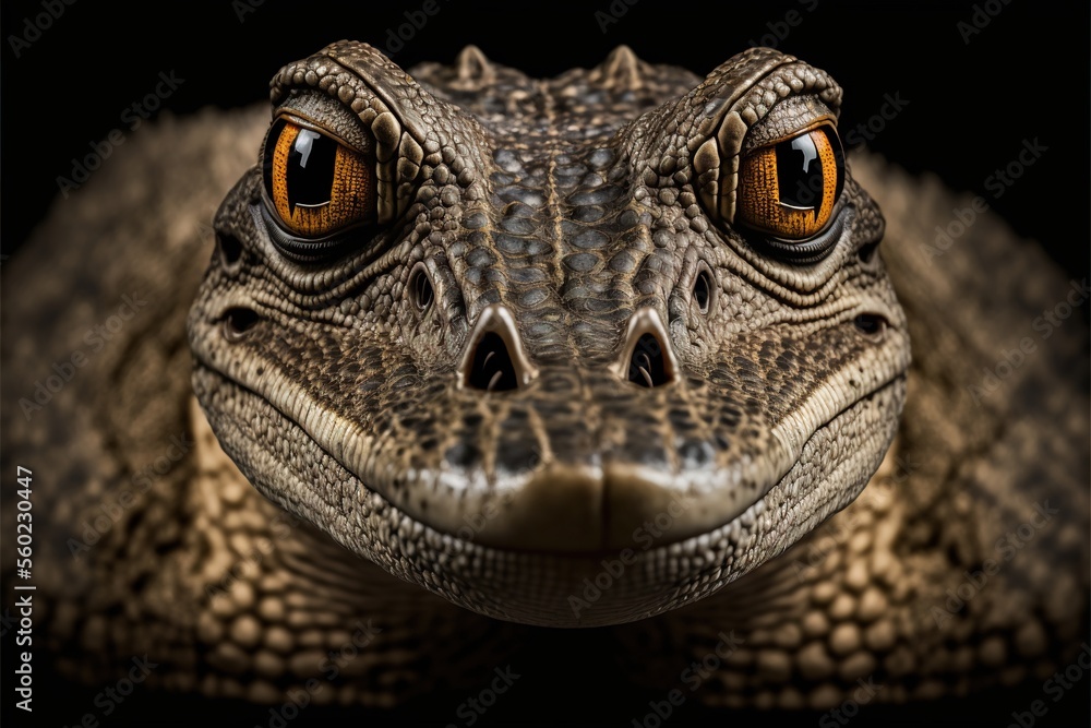Poster a close up of a large lizard's face with a black background and a black background with a black back