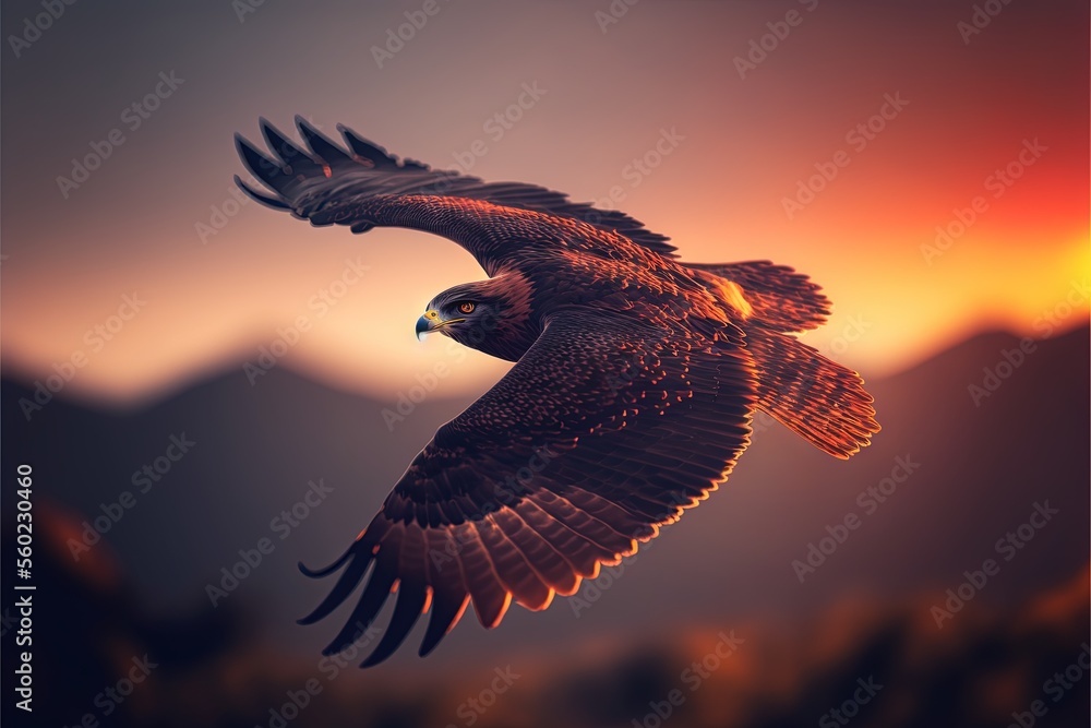 Poster a bird flying in the air with a sunset in the background and mountains in the background with a red 