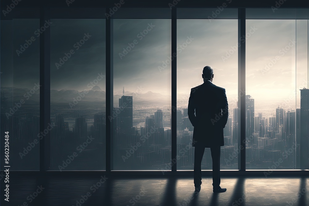 Poster a man standing in front of a window looking out at a cityscape in the distance with a cityscape in t