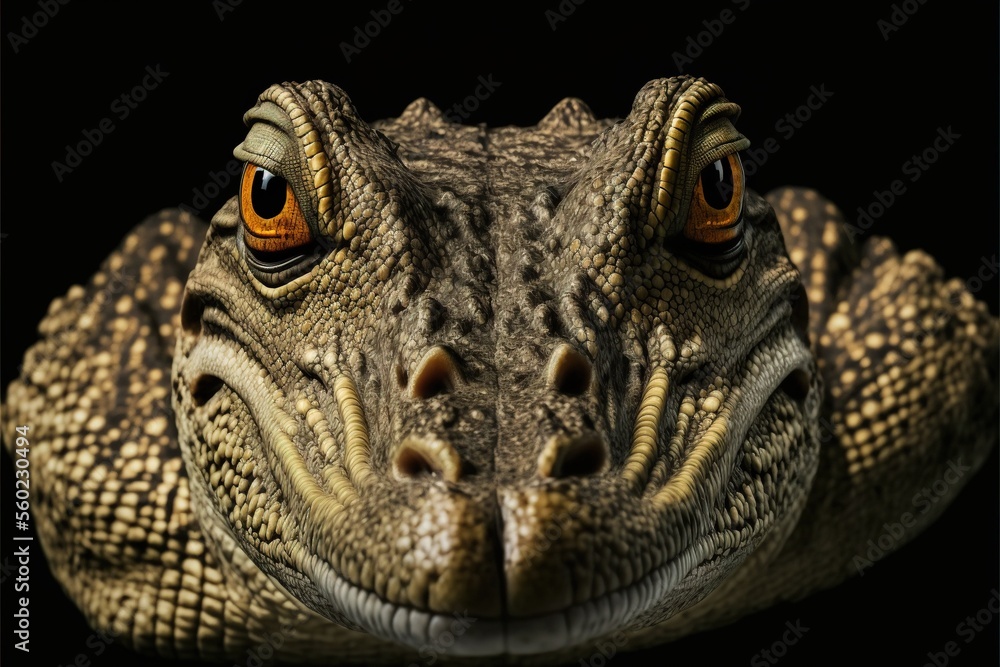 Poster a close up of a large alligator's face with a black background and a black background behind it,, ai