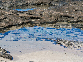 A beach with white sand and black lava stones in the water.