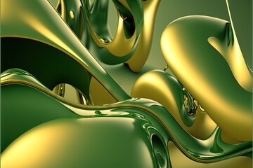  a green and gold abstract background with curves and curves of liquid or liquid flowing down the center of the image, creating a gold and green background with a gol Generative AI - obrazy, fototapety, plakaty