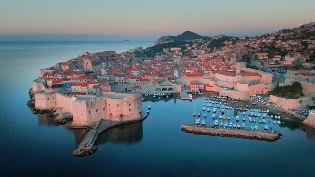 Dubrovnik skyline aerial view rone footage of dubrovnik old town croatia sea view at saunrise.