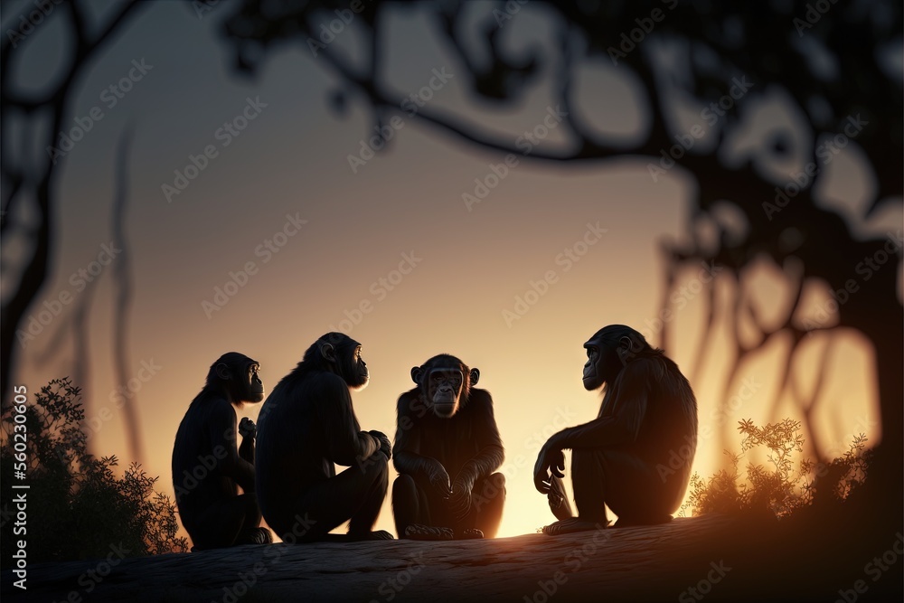 Poster three monkeys sitting on a rock at sunset with the sun setting behind them and a silhouette of a tre