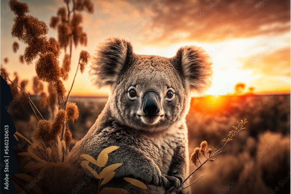Poster a koala bear is sitting in a field at sunset with a background of grass and flowers and a sky with c