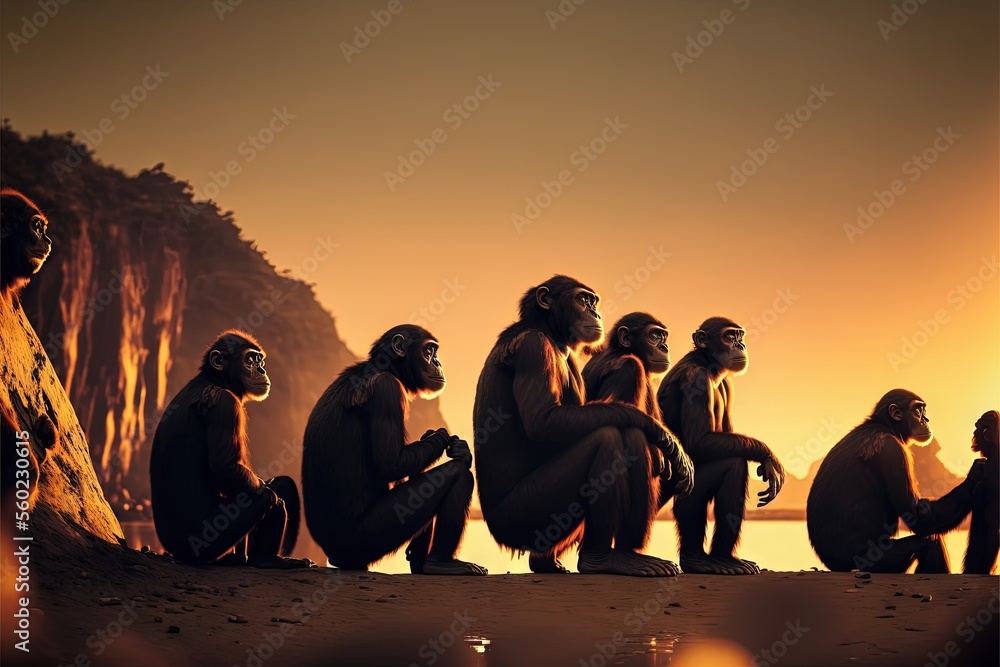 Poster a group of monkeys sitting on a beach at sunset with a man in the background looking at them in the 