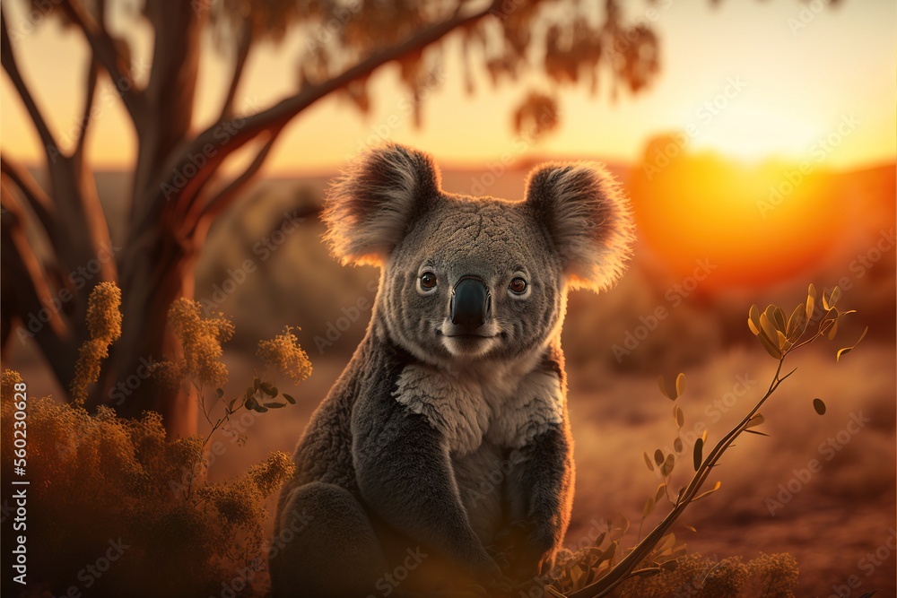 Poster a koala bear sitting in a field with a sunset in the background and a tree in the foreground with ye
