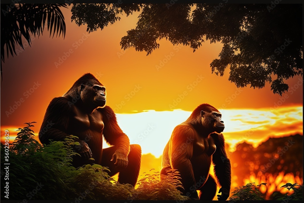 Poster two gorillas sitting on the ground in front of a sunset with trees and bushes in the foreground and 