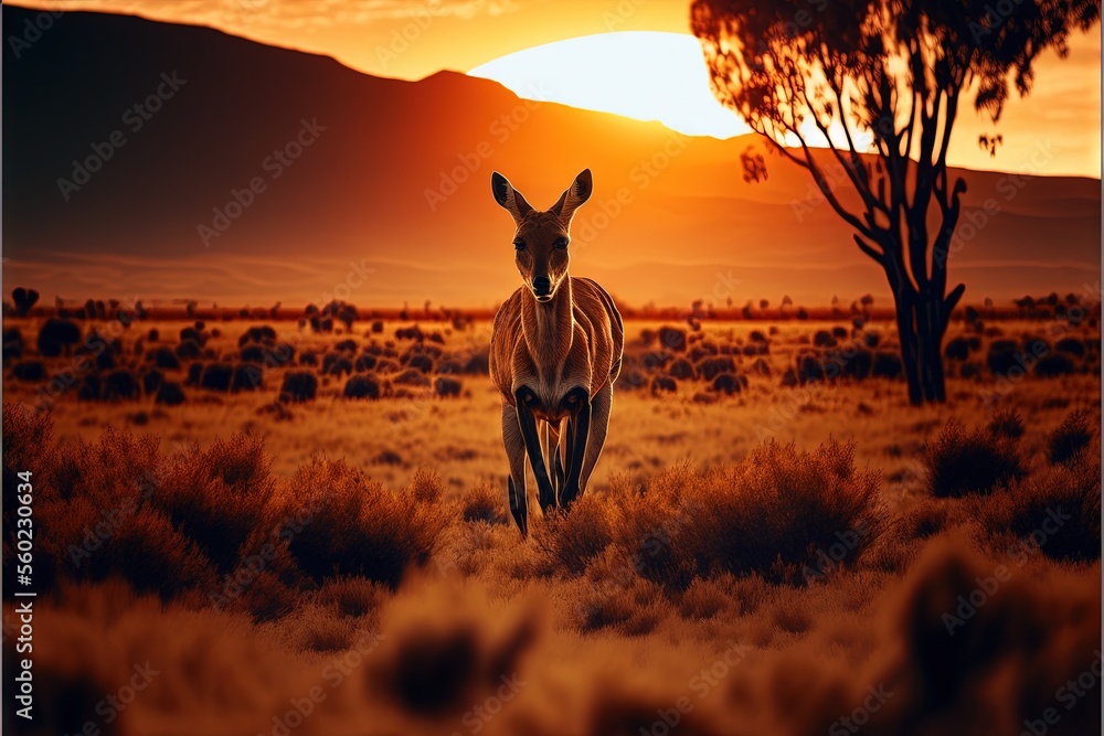 Poster a deer running through a field at sunset with a mountain in the background and a tree in the foregro