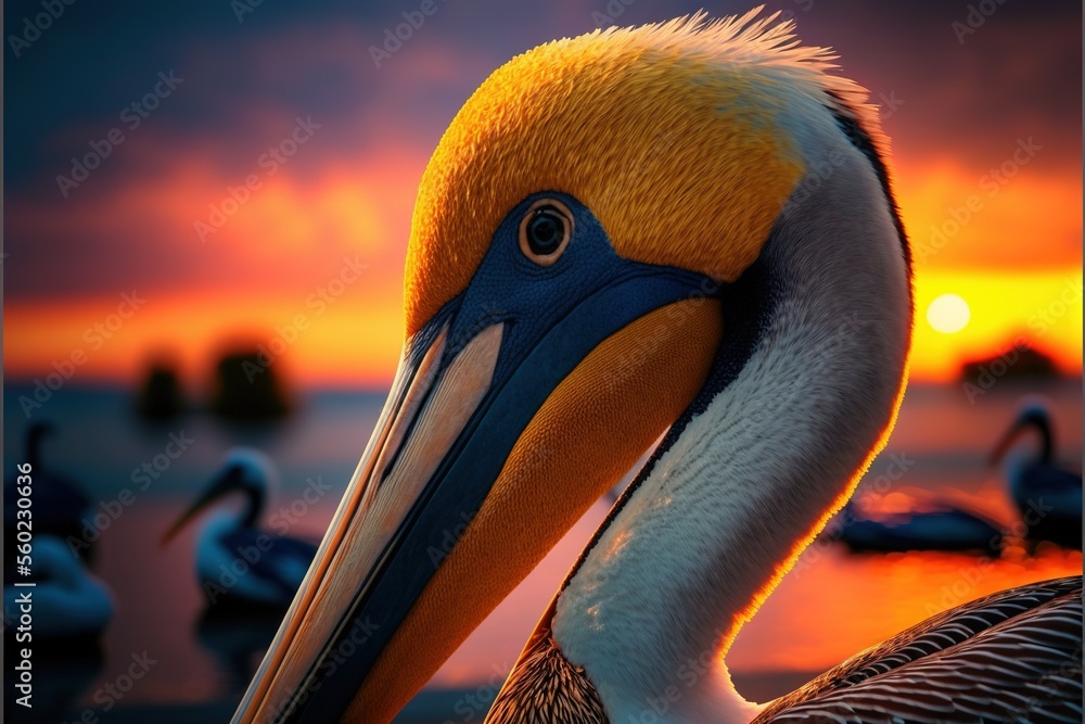 Poster a bird with a long beak standing in front of a sunset with other birds in the background and a body 