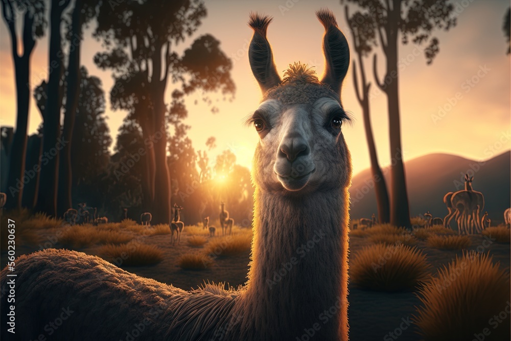 Poster a llama standing in a field with trees and deer in the background at sunset with the sun shining on 