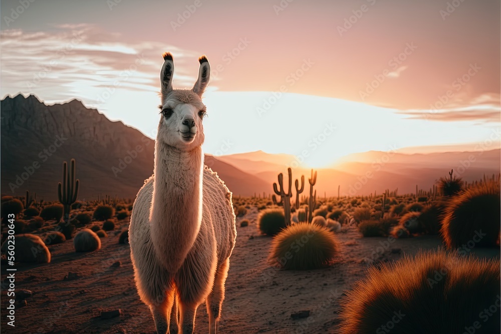 Poster a llama standing in the middle of a desert with cacti and mountains in the background at sunset or d
