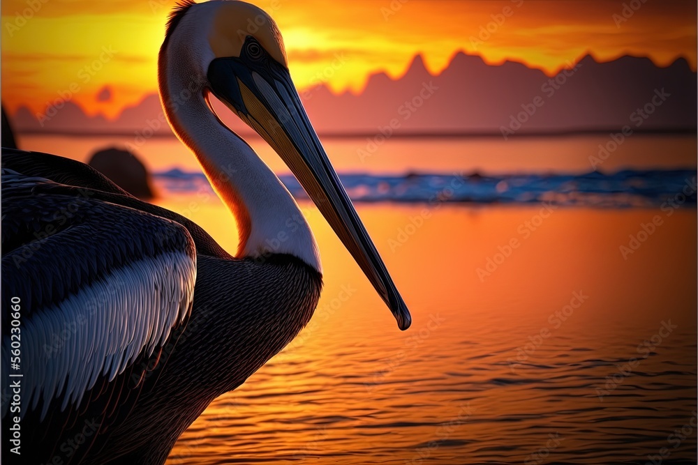 Poster a bird with a long beak standing in the water at sunset with mountains in the background and a body 