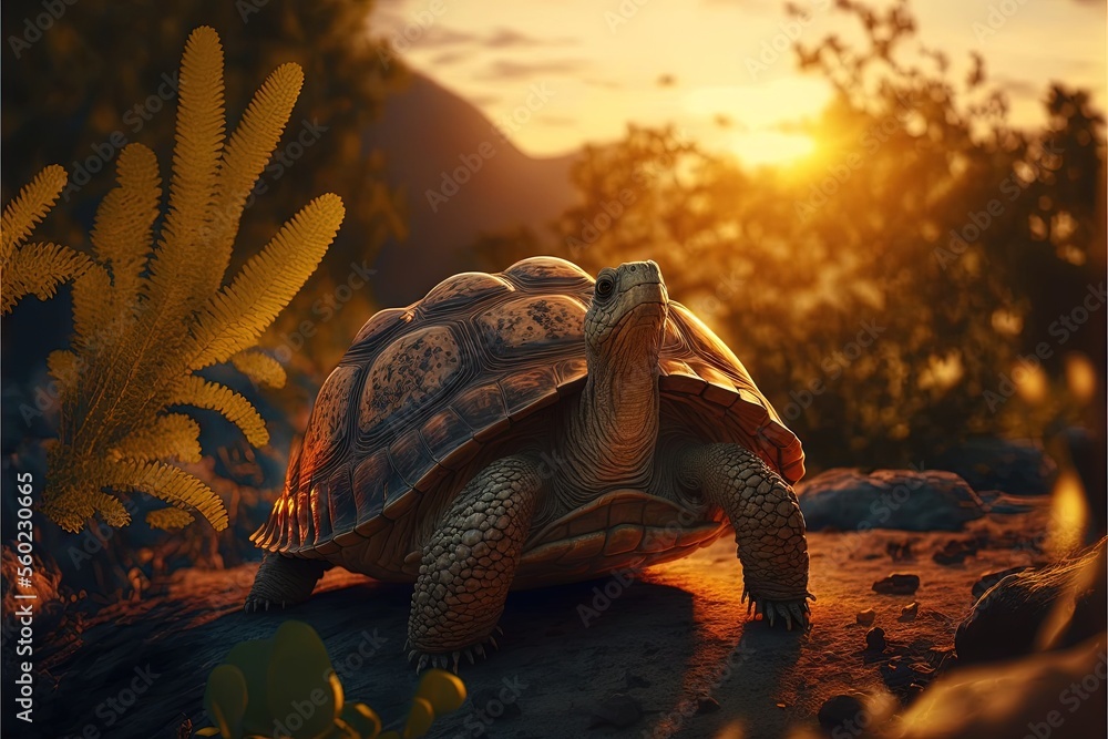 Poster a turtle is walking on a path in the woods at sunset or dawn with a fern in the foreground and a sun