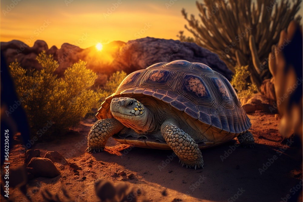 Poster a turtle is walking on a dirt path at sunset with a cactus in the background and a sun setting behin