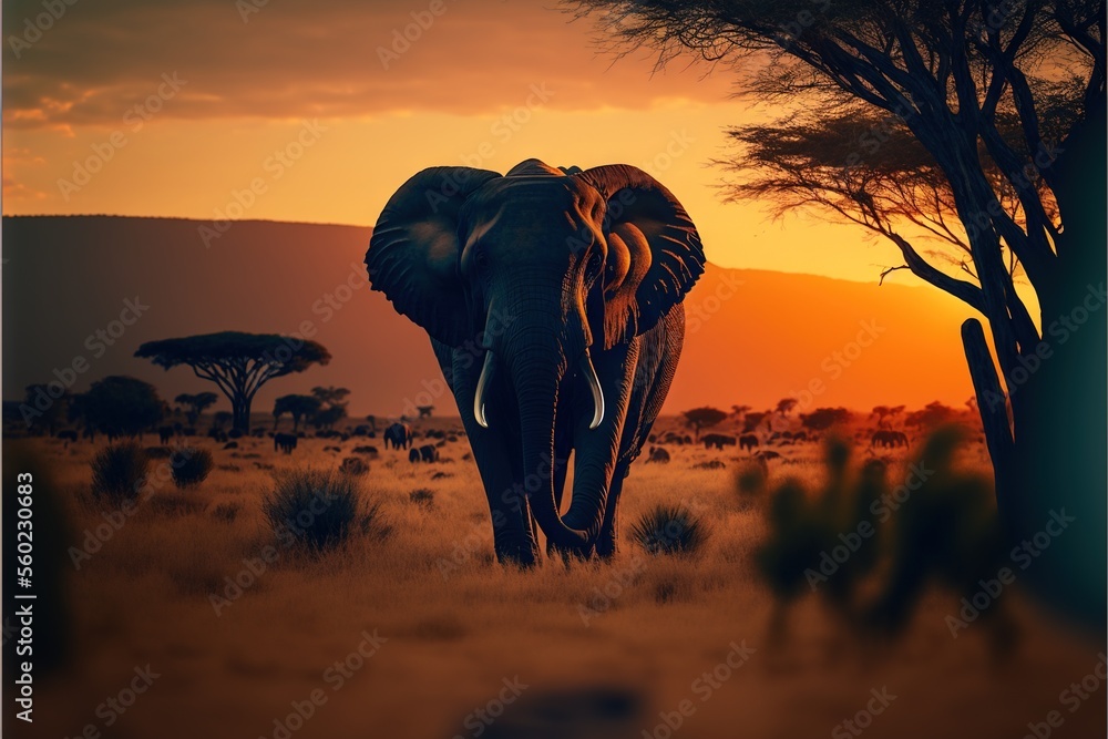 Poster an elephant walking through a field with trees in the background at sunset or dawn with a sky backgr