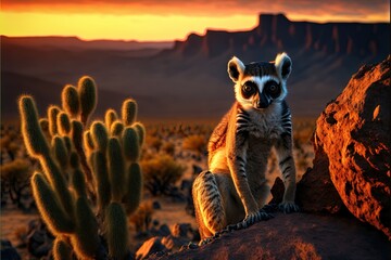  a small animal sitting on top of a rock next to a cactus plant in a desert area with a sunset in the background and a mountain range in the distance with a red sky with., ai, Generative - obrazy, fototapety, plakaty