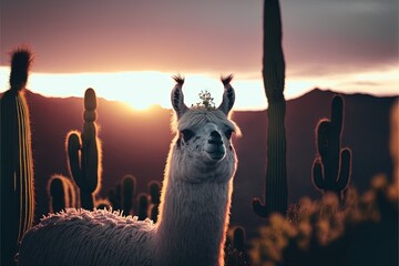 Obraz premium a llama standing in a field of cactus at sunset with a head of a plant in the foreground and a mountain in the background with a sky with a few clouds and a.