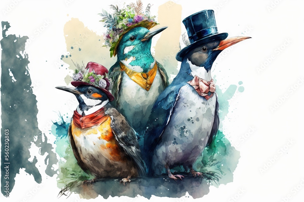 Aufkleber three penguins wearing hats and bow ties and a top hat are sitting on the ground with a watercolor s