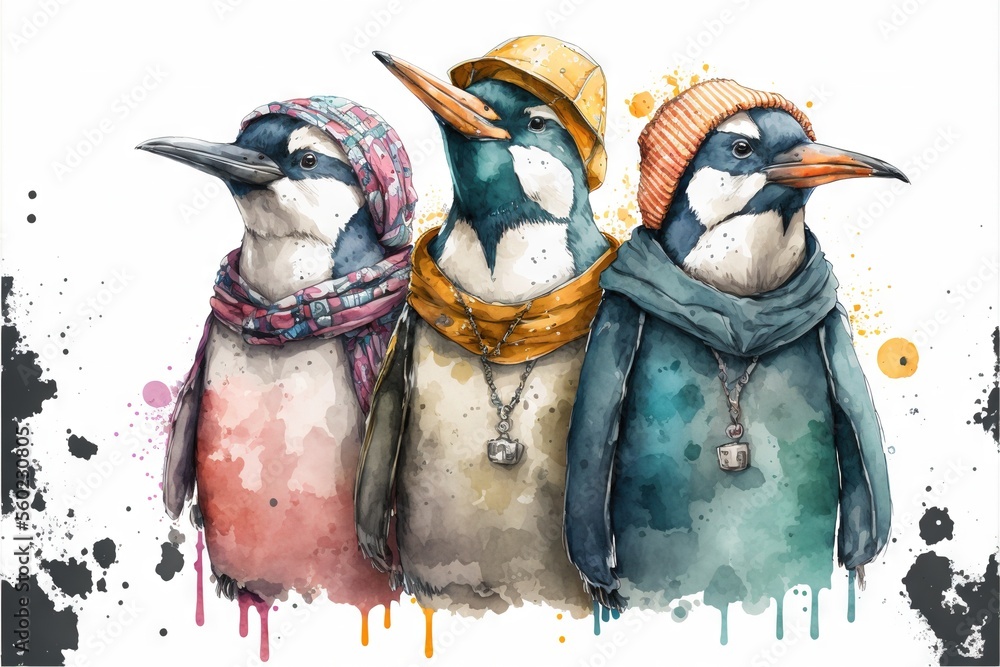 Poster three penguins wearing hats and scarves are standing in a row with a splash of paint on the wall beh
