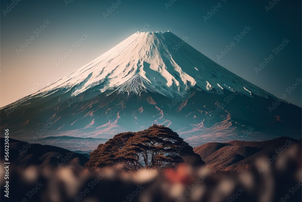 Poster a large mountain with a tree in the foreground and a sky background with a blurry image of a tree in