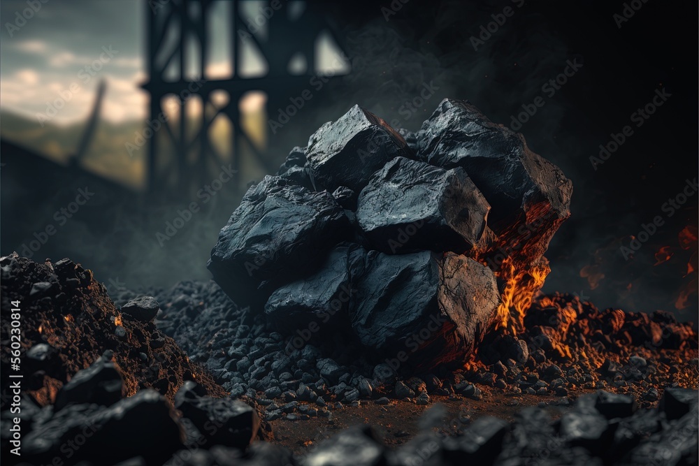 Poster a pile of coal sitting on top of a pile of rocks next to a building on a hill of rocks and gravel wi