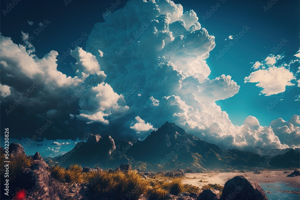 Aufkleber a large cloud is in the sky above a mountain range and a body of water below it is a blue sky with c