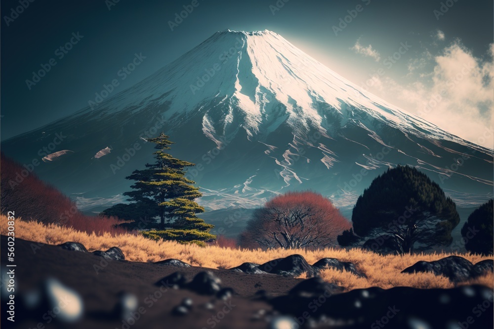 Poster a mountain with a tree in the foreground and a field with rocks in the foreground, and a cloudy sky 