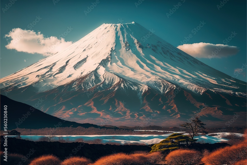 Poster a mountain with a snow covered top and a lake below it with a tree in the foreground and a blue sky 