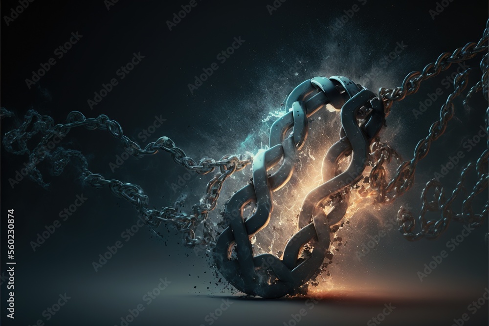 Poster a chain with a fire and ice design on it, in the middle of a dark background with a glowing lighteni