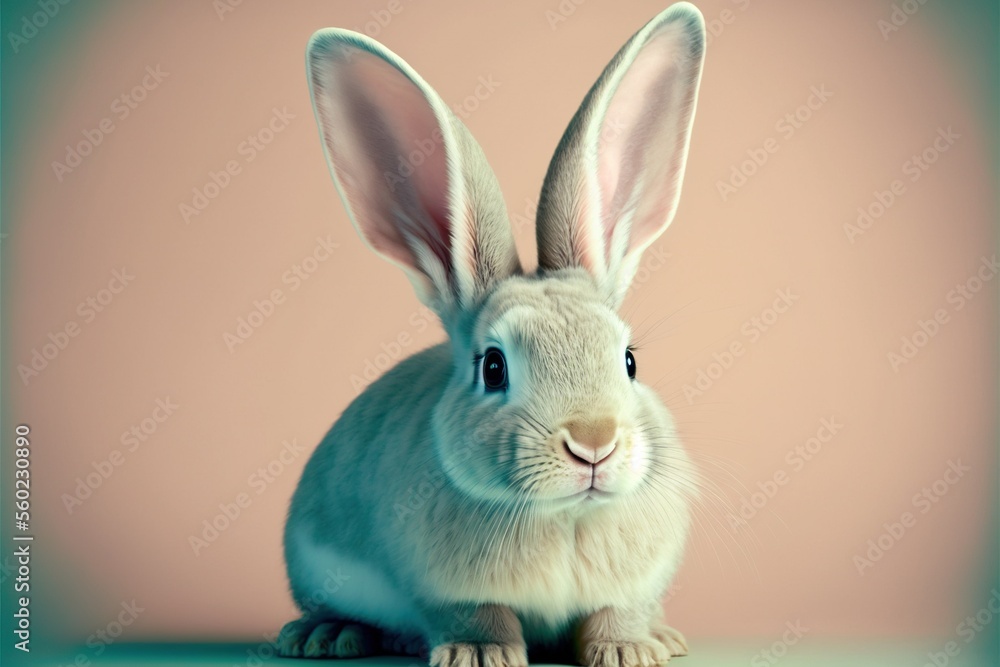 Poster a white rabbit sitting on top of a table next to a pink wall and a green frame behind it with a pink