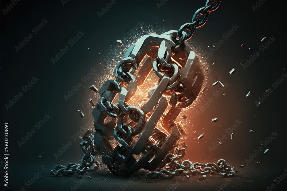 Poster a chain is broken and is being held by a large metal object with a chain hanging from it's sides, wi