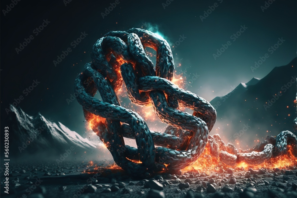 Poster a large chain of fire is in the middle of a mountain range with mountains in the background and a da