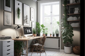  a desk with a computer and a plant in a room with a window and a lot of plants on the wall and a shelf with pictures on it and a chair in front of the.