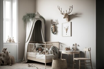  a baby's room with a crib and a stuffed animal on the wall and a teddy bear on the floor and a stuffed animal head on the wall and a window with a curtain. generative ai