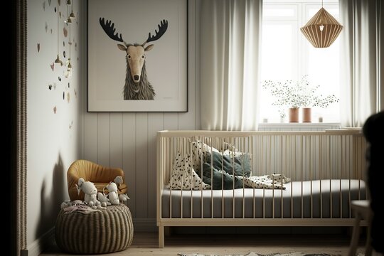  a baby's room with a crib and a rocking horse in the corner of the room, and a picture of a deer on the wall above the crib is a window.