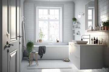  a bathroom with a tub, sink, and window in it's corner, with a stool and a stool in front of the tub and a window with potted plants on the wall.