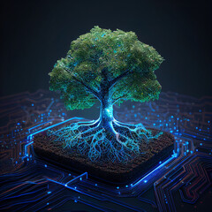 tech tree electrical circuit digital. Concept of technology and ecology. Social responsibility of technological projects..