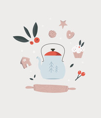 Vector composition with teapot, cookies, cupcake, rolling pin, plant branches