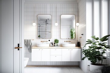  a bathroom with a plant and two sinks in it and a toilet in the corner of the room with a mirror on the wall above the sink and a potted plant on the counter.