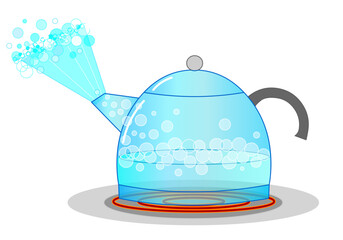 Boiling teapot, steam energy. Fluid, vapor pressure. Hot modern electric stove. Evaporating in the transparent glass kettle. Point of water. Liquid to gas. Killing virus, germ. Illustration Vector