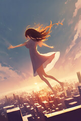 Fototapeta na wymiar feeling free and flying, anime girl flying over a city, peaceful manga artwork, generative ai technology 