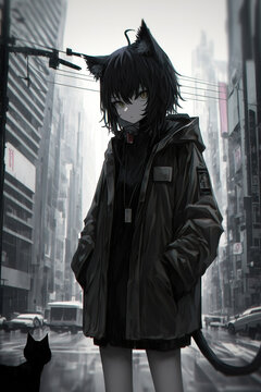 a cute neka as a black cat in anime grey style, modern city in background, manga art, generative ai technology
