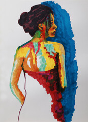 Girl's back - illustration. Watercolor painting of the bare back of a girl in a red dress.