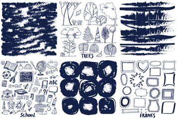 Hand drawn doodle abstract pattern in dark and white style, texture background. Series of figures of different shape, on topic strokes, trees, frames, back to school, decoration elements, icons